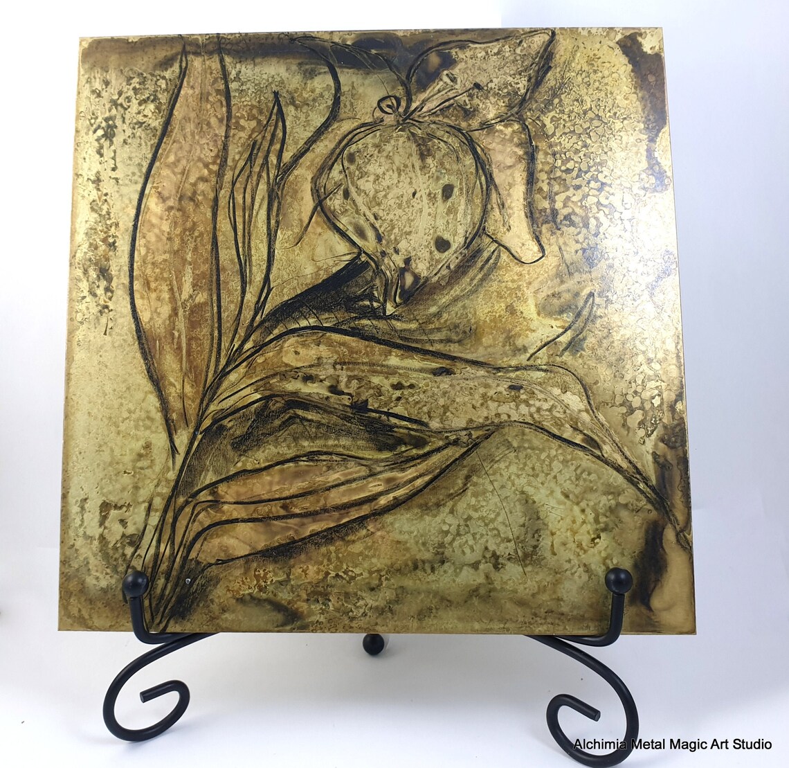 Brass wall home decor Abstract art picture wood frame Rustic Etsy