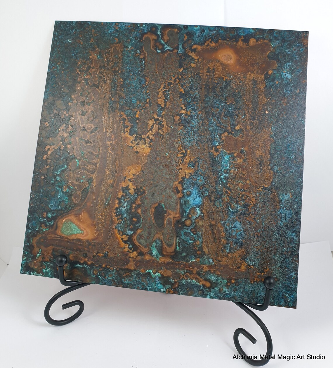 Copper Wall Home Decor Abstract Art Frame Picture Rustic Blue Brown