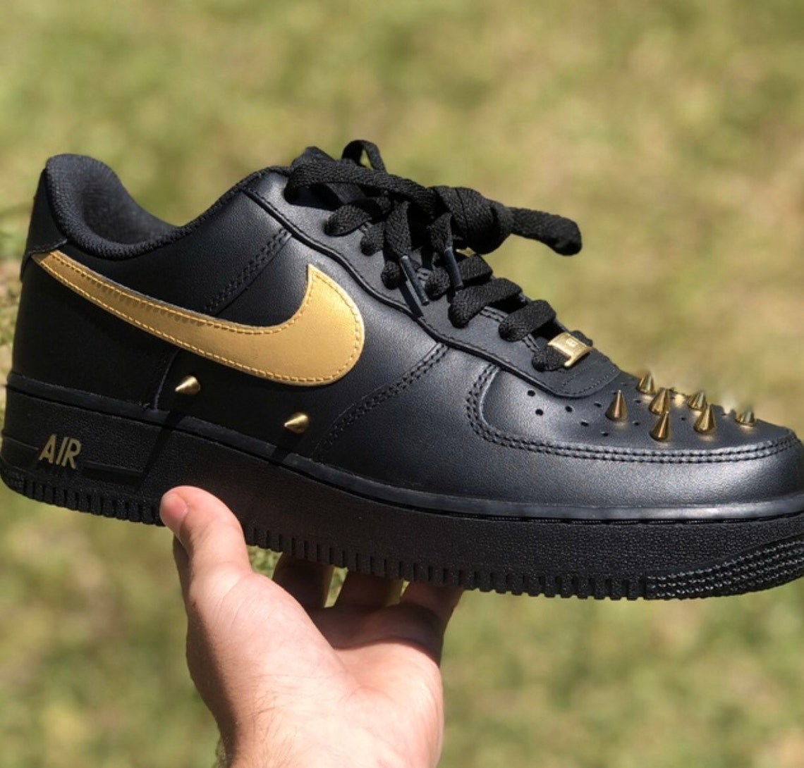 Nike AF1 black with gold swoosh & rivot spikes. | Etsy