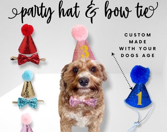 Dog Party Hat, Glitter Birthday Hat for Puppy, Bow Tie, Pom Dogs, 1st, 2nd, 3rd, 4th Birthday Custom made with Pets age. Free Delivery UK