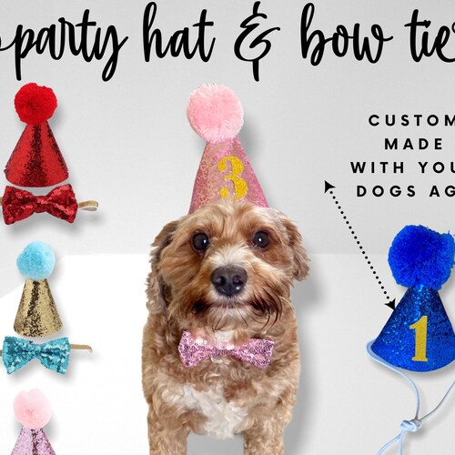 Dog Party Hat Glitter Birthday Hat for Puppy Bow Tie Pom Etsy UK