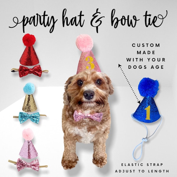 Dog Party Hat, Glitter Birthday Hat for Puppy, Bow Tie, Pom Dogs, 1st, 2nd, 3rd, 4th Birthday Custom made with Pets age. Free Delivery UK