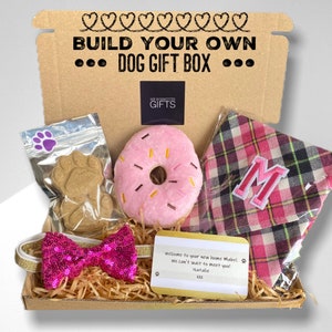 Build Your Own Dog Gift Box, Personalised, Letterbox, Bandana, Bow Tie, Treats, Accessories & Toys, New Puppy, Birthday, Customised UK