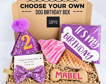 Personalised Dog Birthday Gift Box - Party Hat, Bandana & Toy Options