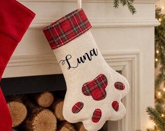 Personalised Christmas Dog Stocking, Custom Pet Stocking Gift Xmas Cat Stocking, Hessian Tartan Paw with name, free delivery U.K.