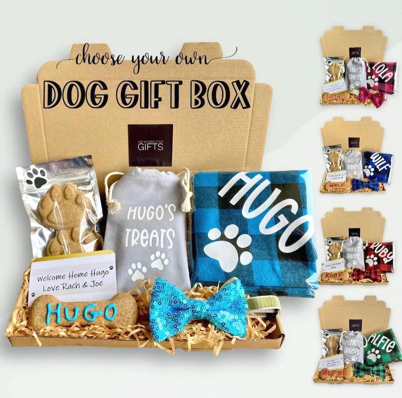 Caja de regalo personalizada para perros: pañuelo, bolsa para premios y pajarita. imagen 1
