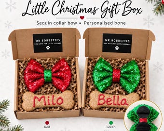 Personalised Christmas Dog Gift Box with Sequin Collar Bow and Bone Treat