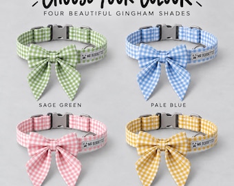 Gingham Sailor Bow Dog Collar, Adjustable Puppy Collar, Optional Daisy Charm