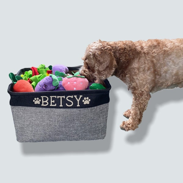 Personalised Dog Toy Storage Box Basket, Custom Printed Pets Name, Gift for Dog Lovers, Cat, Puppy Pet Storage, Toys Bin Canvas Made in U.K.