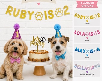Personalised Dog Birthday Banner, Custom Glitter Name & Age Bunting