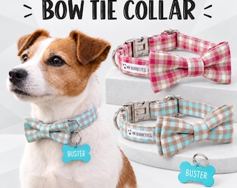 Personalised Gingham Dog Collar with Bow Tie & ID Tag (Adjustable) Country Cottage Plaid Cotton