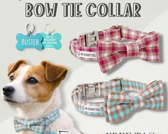 Personalised Gingham Dog Collar with Bow Tie & ID Tag (Adjustable) Country Cottage Plaid Cotton