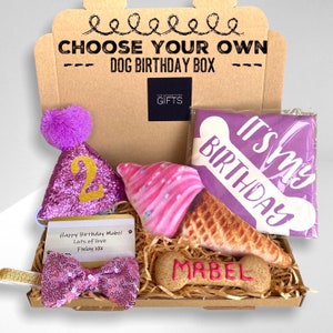 Personalised Dog Birthday Gift Box, Dog Birthday Present, Hamper, Stylish Gift, Puppy Pet Toys, Bandana, Bow Tie, Party Hat Free Delivery UK