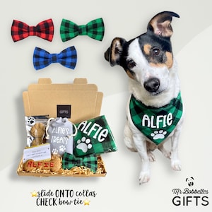 Puede incluir: Una caja de regalo para un perro llamado Alfie, que contiene una pajarita de cuadros verde y negro, una bandana de cuadros verde y negro con el nombre "Alfie" en ella, una bolsa de golosinas para perros y galletas para perros. La caja tambi&eacute;n incluye una tarjeta que dice "Querido Alfie, Tengo muchas ganas de mimarte. Con cari&ntilde;o, Frank x".