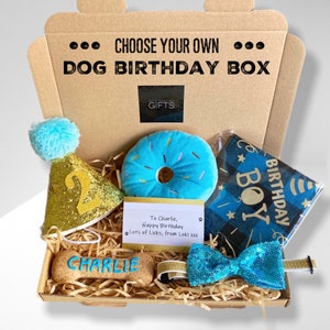 Personalised Dog Birthday Gift Box, Dog Birthday Present, Hamper, Stylish Gift, Puppy Pet Toys, Bandana, Bow Tie, Party Hat Free Delivery UK