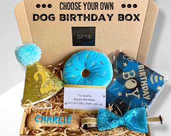Personalised Dog Birthday Gift Box, Dog Birthday Present, Hamper, Stylish Gift, Puppy Pet Toys, Bandana, Bow Tie, Party Hat Free Delivery UK