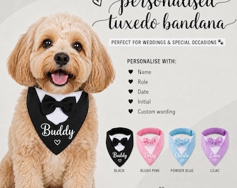 Personalised Tuxedo Dog Bandana, Wedding Ring Bearer Outfit, Custom Name Collar