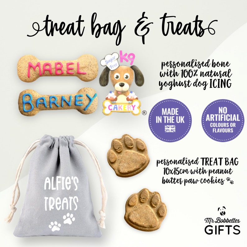 Puede incluir: Una bolsa de golosinas personalizada con el texto "Alfie's Treats" en blanco sobre una bolsa de tela gris. La bolsa est&aacute; junto a dos galletas de pata de perro con mantequilla de cacahuete y dos galletas de hueso para perro con los nombres "Mabel" y "Barney" en glaseado rosa y azul. La imagen tambi&eacute;n incluye un logotipo para una panader&iacute;a para perros con el texto "K9 Cakery" y un c&iacute;rculo morado con el texto "Made in the UK".
