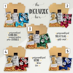 Puede incluir: Cinco cajas de regalo con diferentes regalos con tem&aacute;tica de perros. Cada caja contiene un pa&ntilde;uelo personalizado, una bolsa de golosinas, un hueso o una pajarita, junto con una bolsa de golosinas para perros. Las cajas est&aacute;n etiquetadas con los nombres Hugo, Lola, Alfie, Ruby y Wilf.