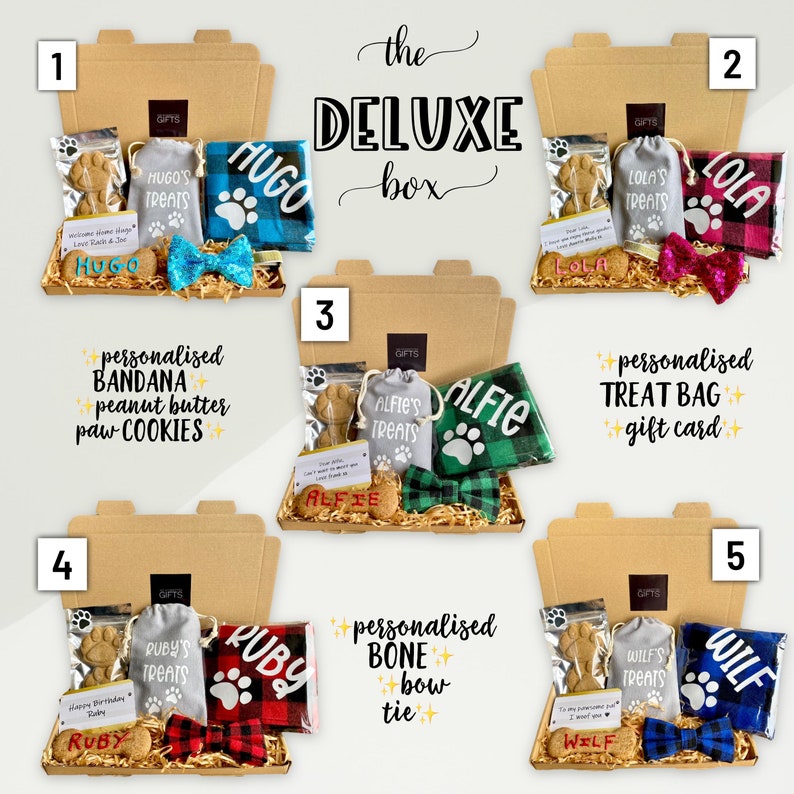 Puede incluir: Cinco cajas de regalo con diferentes regalos con tem&aacute;tica de perros. Cada caja contiene un pa&ntilde;uelo personalizado, una bolsa de golosinas, un hueso o una pajarita, junto con una bolsa de golosinas para perros. Las cajas est&aacute;n etiquetadas con los nombres Hugo, Lola, Alfie, Ruby y Wilf.