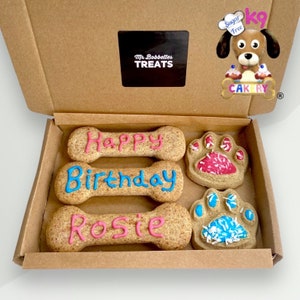 Pawty Paws, Doggy bone gift, Tasty Biscuit, Sugar Free Icing, Personalised Message, Dog Biscuits, Dog Treat Box Gift U.K. Personalised Gift image 1