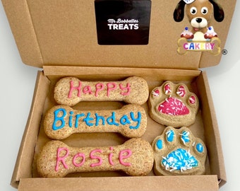 Pawty Paws, Doggy bone gift, Tasty Biscuit, Sugar Free Icing, Personalised Message, Dog Biscuits, Dog Treat Box Gift U.K. Personalised Gift