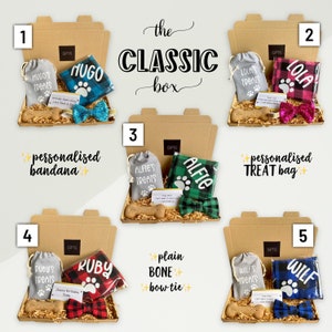 Puede incluir: El set de regalo The Classic Box para perros incluye una bandana personalizada, una bolsa de golosinas, una pajarita de hueso y una bolsa de golosinas. Las cajas son marrones con una etiqueta blanca y el texto "The Classic Box".