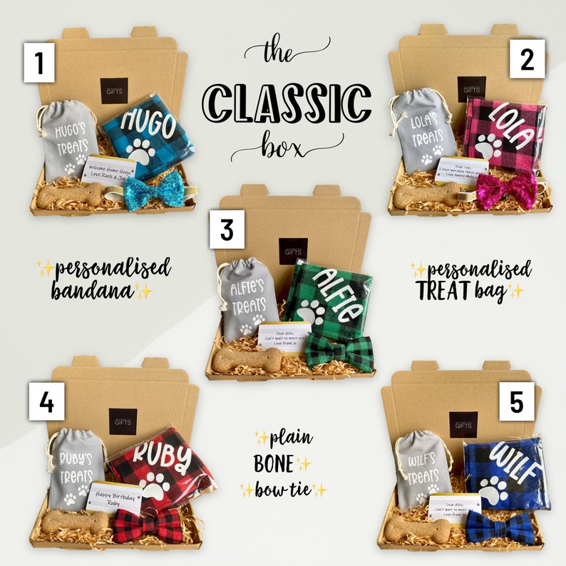 Puede incluir: El set de regalo The Classic Box para perros incluye una bandana personalizada, una bolsa de golosinas, una pajarita de hueso y una bolsa de golosinas. Las cajas son marrones con una etiqueta blanca y el texto "The Classic Box".