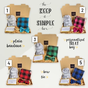 Puede incluir: Cinco cajas de regalo con diferentes art&iacute;culos con tem&aacute;tica de perros. Las cajas est&aacute;n numeradas del 1 al 5 y cada una tiene una etiqueta blanca con la palabra "GIFTS". Las cajas contienen una bolsa de golosinas personalizada, una bandana lisa, una pajarita y una bolsa de golosinas personalizada. Las cajas son todas marrones y tienen una etiqueta blanca con la palabra "GIFTS". El texto "the KEEP it SIMPLE box" est&aacute; escrito en negro sobre fondo blanco.