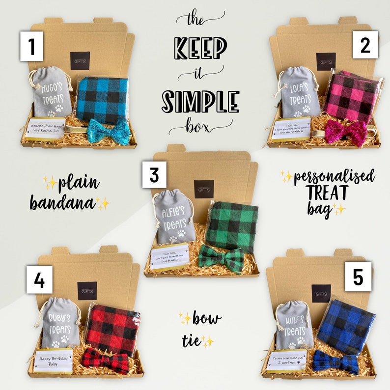 Puede incluir: Cinco cajas de regalo con diferentes art&iacute;culos con tem&aacute;tica de perros. Las cajas est&aacute;n numeradas del 1 al 5 y cada una tiene una etiqueta blanca con la palabra "GIFTS". Las cajas contienen una bolsa de golosinas personalizada, una bandana lisa, una pajarita y una bolsa de golosinas personalizada. Las cajas son todas marrones y tienen una etiqueta blanca con la palabra "GIFTS". El texto "the KEEP it SIMPLE box" est&aacute; escrito en negro sobre fondo blanco.