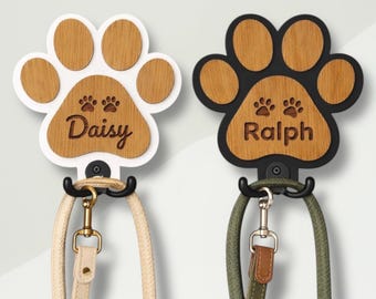 Personalised Wooden Paw Print Dog Lead Holder, Custom Leash Hanger Hook