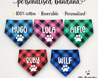 Personalised Plaid Dog Bandana: Cotton Tie-On Puppy Accessory
