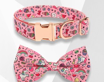 Unicorn Dog Collar Bow Tie & Lead Set: Rose Gold Buckle