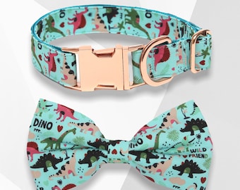 Dino Dog Collar Bow Tie & Lead Set: Rose Gold Buckle