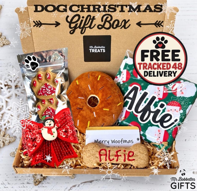 Caja de regalo navideña personalizada para perros, incluye pañuelo, golosinas y juguete (entrega a domicilio).