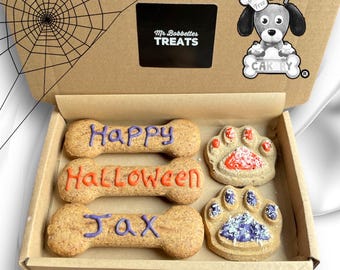 Golosinas de Halloween para perros, Truco o trato, Hueso para perro, Galleta sabrosa, Glaseado sin azúcar, Mensaje personalizado, Galletas para perros, Personalizadas