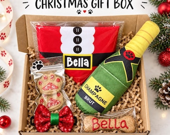 Personalised Dog Christmas Gift Box, Santa or Elf Bandana, Treats, Toy, Bow Tie, Puppy Gift