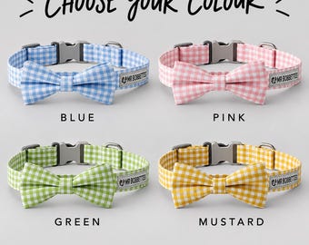 Gingham Dog Collar with Bow Tie, Optional Daisy Charm, Adjustable Puppy Collar