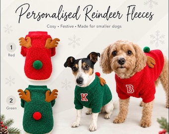 Personalised Christmas Dog Sweater: Reindeer Fleece with Pom Poms (Custom Initial)