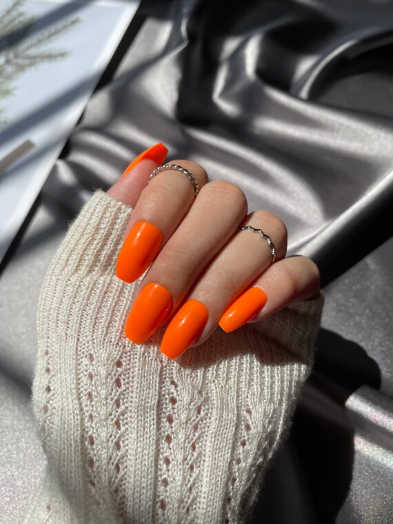 Neon Orange Short Coffin Press On Nails Full Set Of 24 Nails Etsy Canada