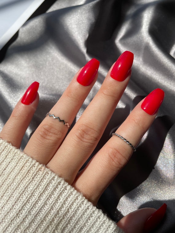 Short Coffin Blood Red Press On Nails Full Set Of 24 Nails Etsy