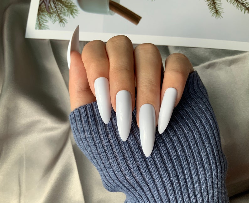 Glossy White Extra Long Stiletto Press on Nails Full Set of Etsy