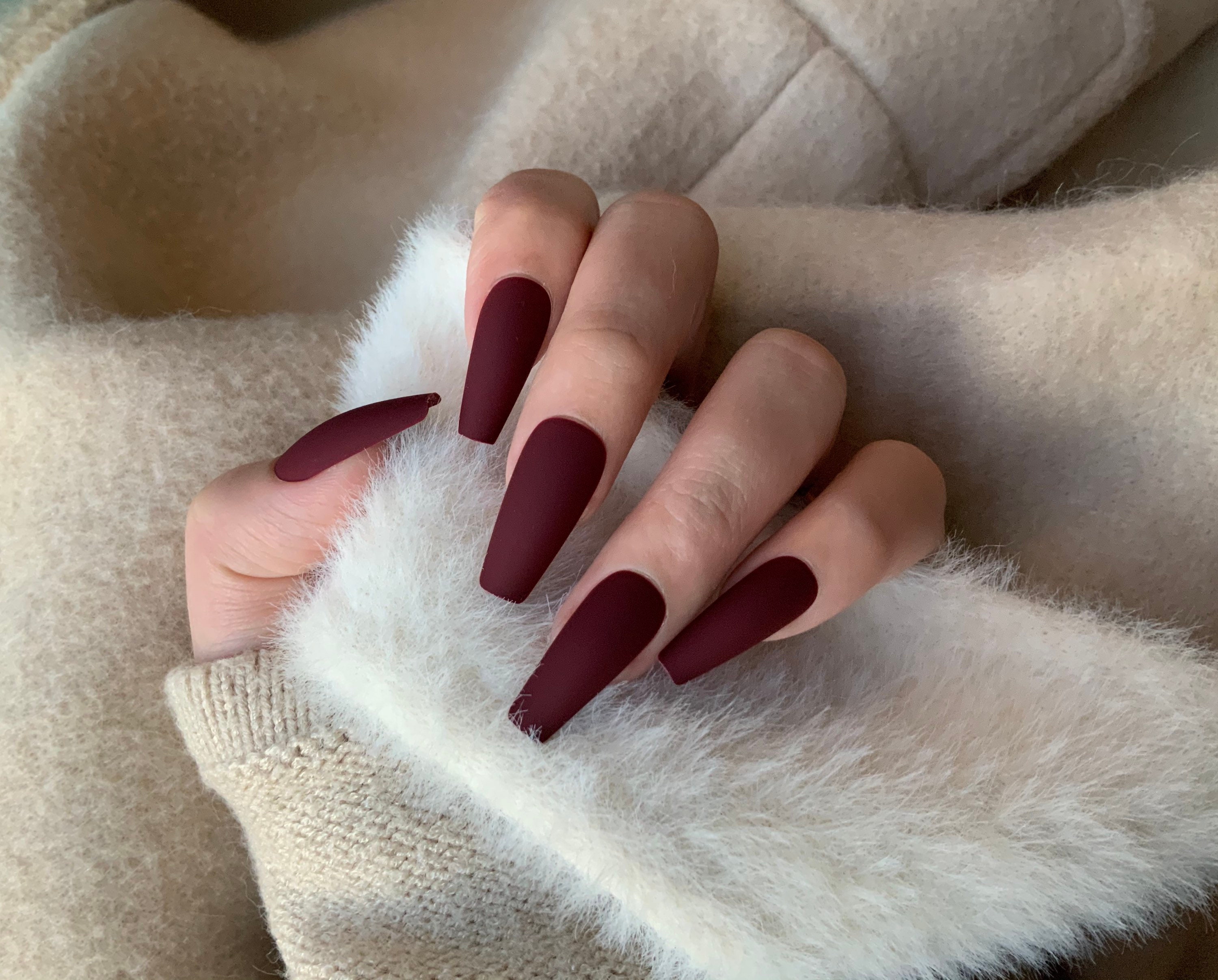 Matte Dark Red Long Coffin Press On Nails Full Set Of 24 Etsy