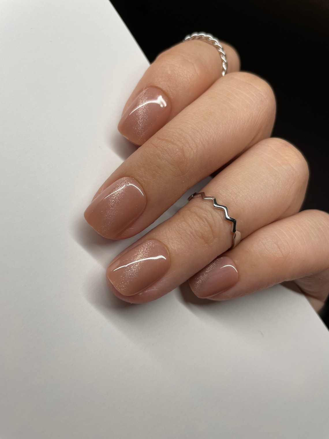 Nude Shimmer Cat Eye Short Square Press on Nails Full Set of Etsy