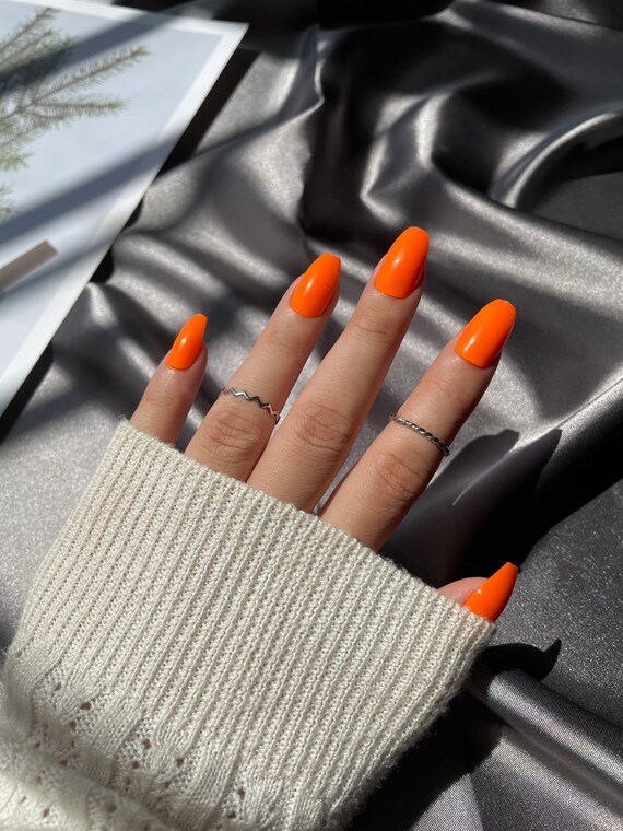 Neon Orange Short Coffin Press On Nails Full Set Of 24 Nails Etsy Canada
