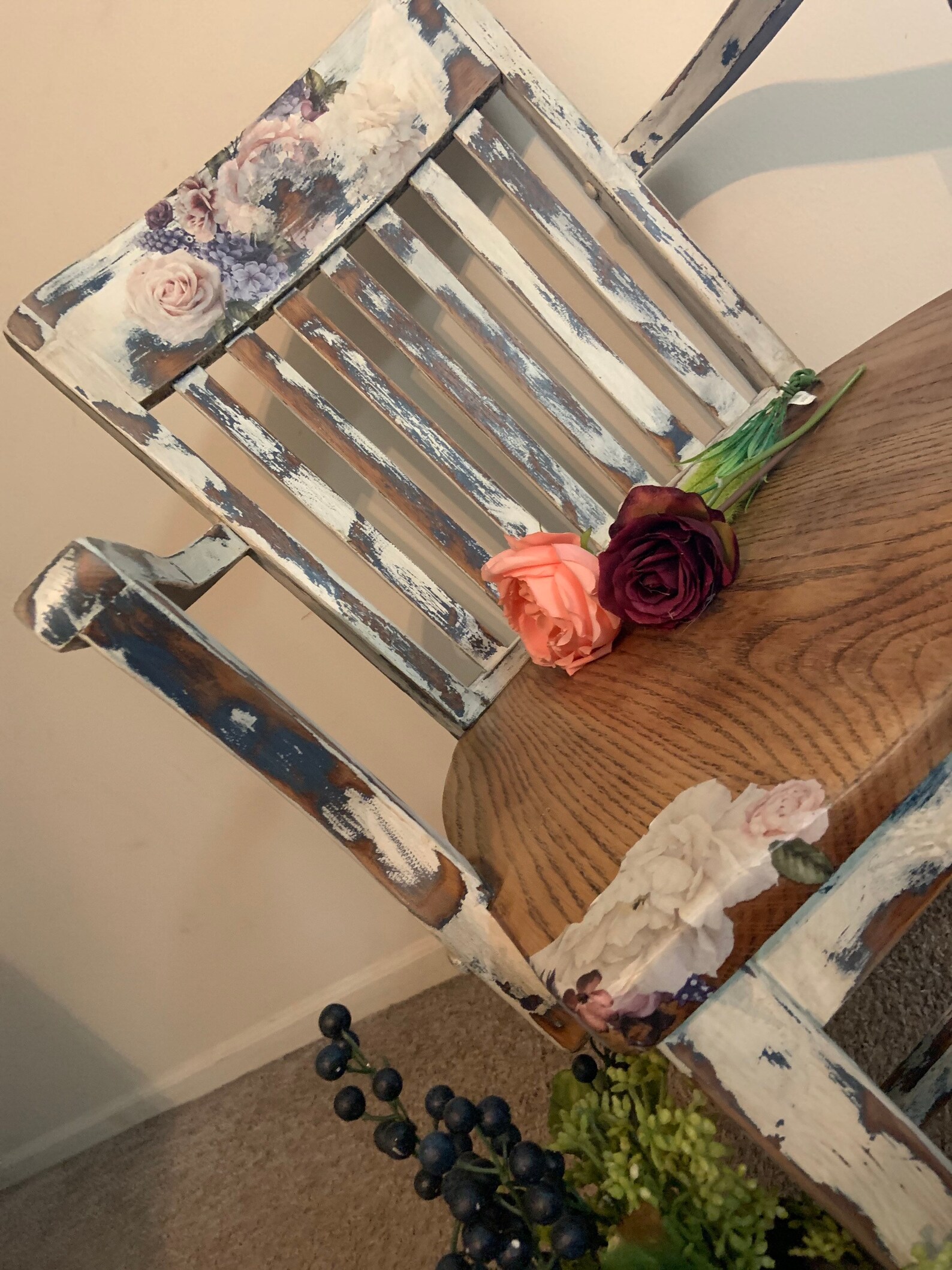 Farmhouse up-cycledWhite Floral Wooden Chair | Etsy