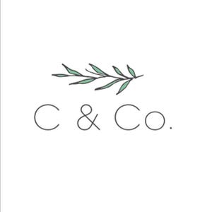 May include: A logo design featuring the text C & Co. in a thin, black, sans-serif font. Above the text is a hand-drawn illustration of a horizontal leafy branch with light green leaves and thin black outlines, set against a plain white background.