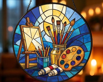 Artist Suncatcher, Stained Glass Painting Palette Window Hanging, Creative Art Studio Ornament, Paint Brush Gift for Artist, Colorful Decor