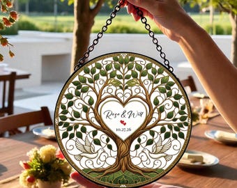 Personalized Wedding Tree Suncatcher, Stained Glass Style Couple Window Hanging, Bride & Groom Anniversary Gift, Custom Wedding Decor