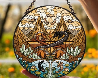 Four Elements Stained Glass Suncatcher, Fire Water Earth Air Window Hanging, Fantasy Home Deco, Elemental Art Gift, Mystical Nature Ornament